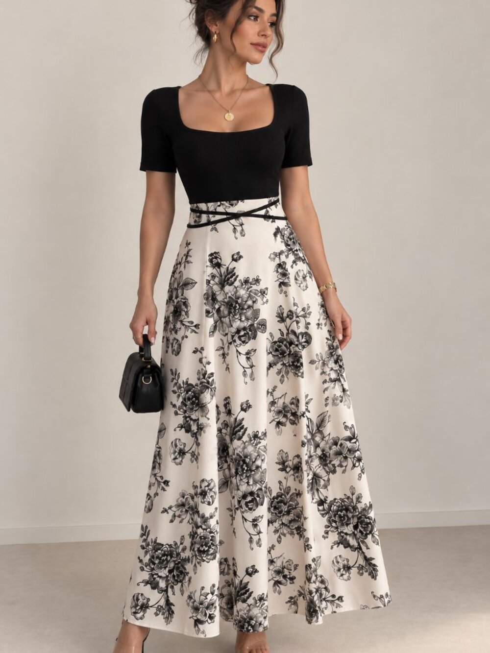 Short Sleeve Maxi Dress with Square Neck & Tie Waist